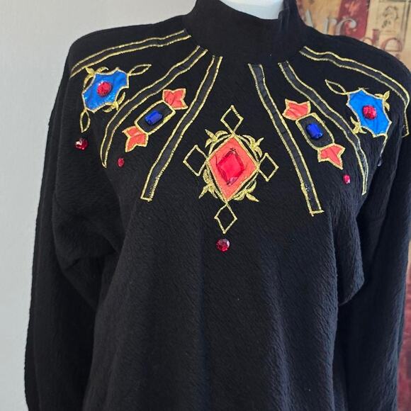 Vintage 90s/90s Kitsch Embroidered Bejeweled Crewneck Batwing Turtleneck Sweater - Picture 3 of 8